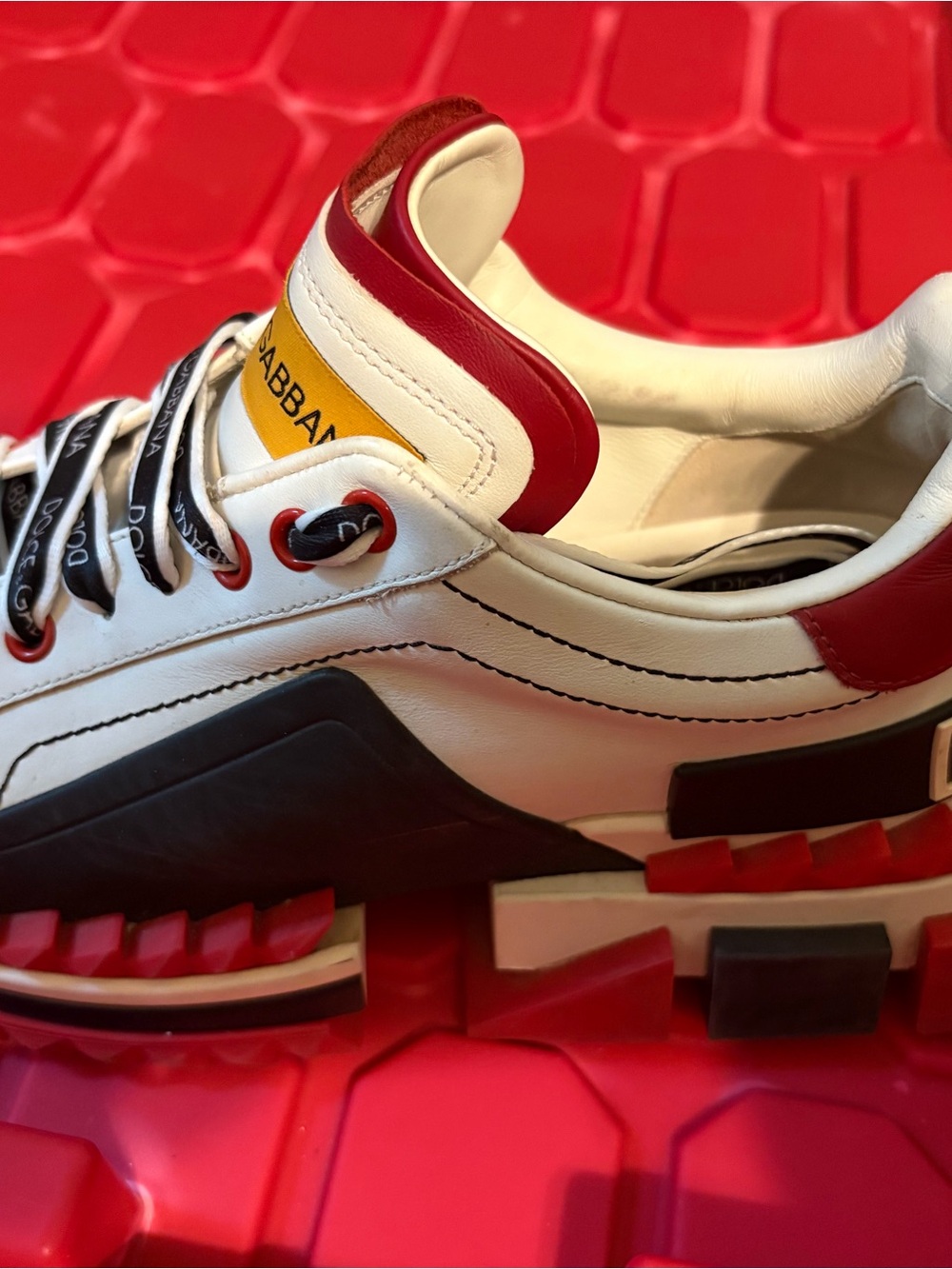 Dolce & Gabbana White Leather Sneaker with Red, Black & Yellow Accents